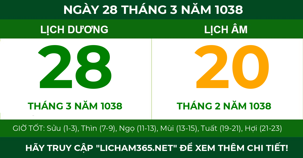 lịch âm ngày 28 tháng 3 năm 1038