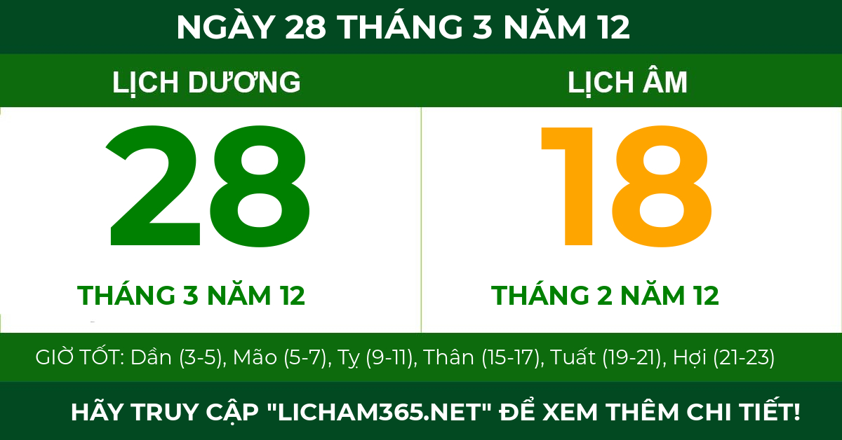 lịch âm ngày 28 tháng 3 năm 12