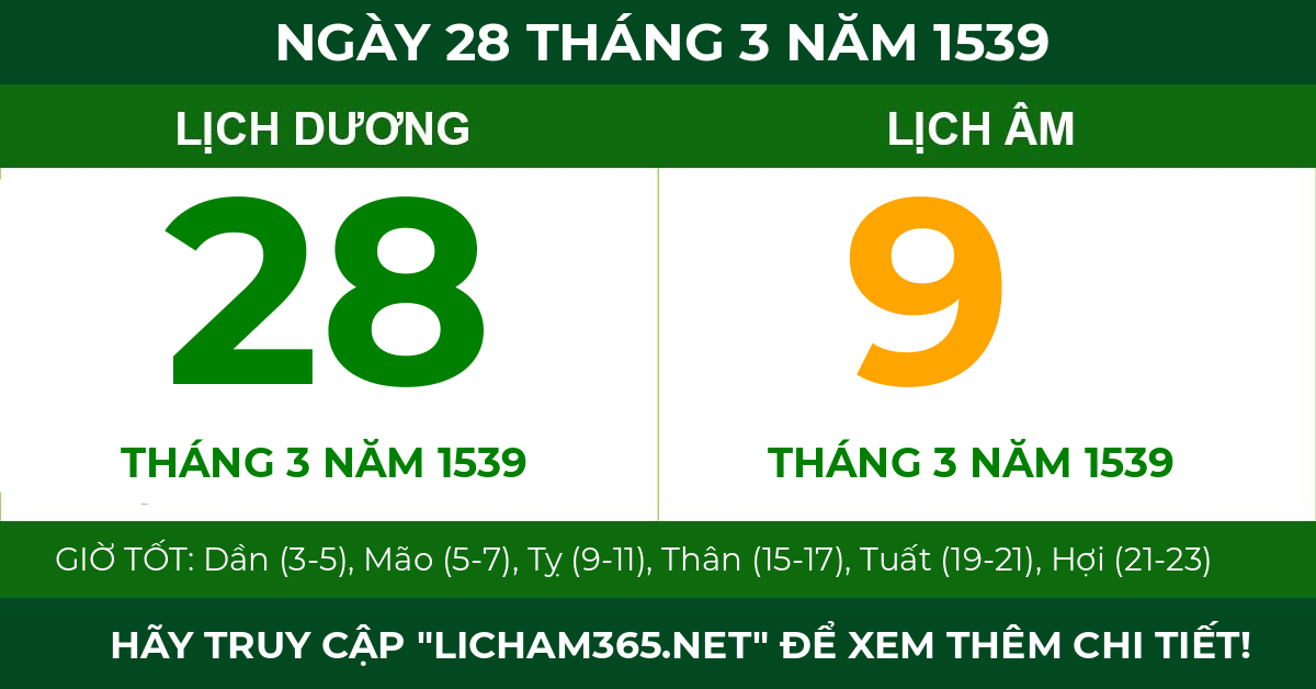lịch âm ngày 28 tháng 3 năm 1539