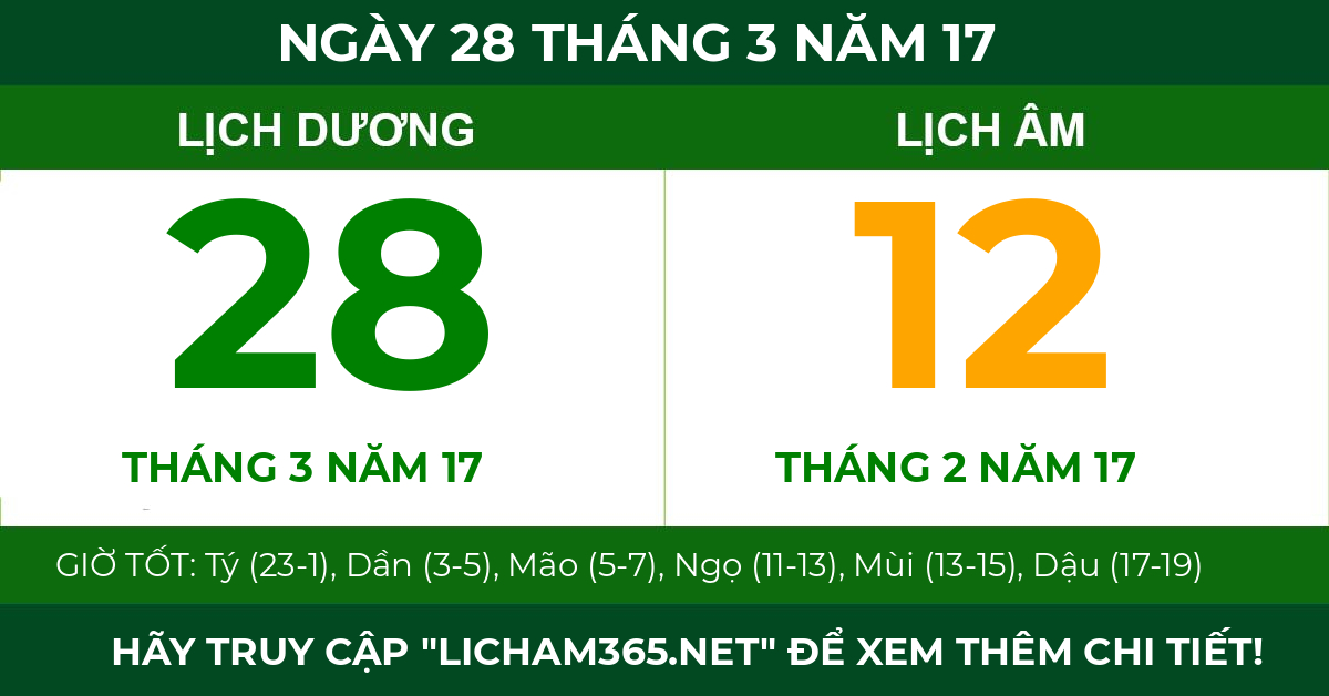 lịch âm ngày 28 tháng 3 năm 17