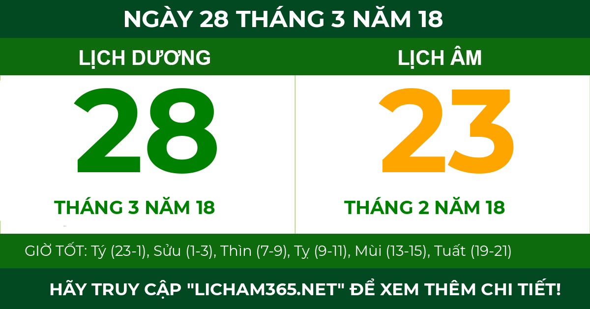 lịch âm ngày 28 tháng 3 năm 18