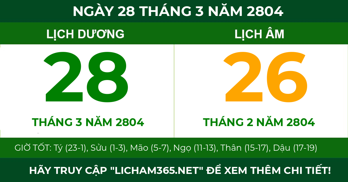 lịch âm ngày 28 tháng 3 năm 2804