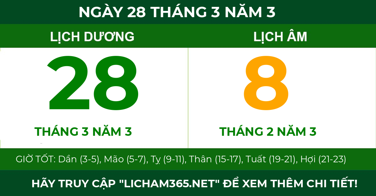 lịch âm ngày 28 tháng 3 năm 3
