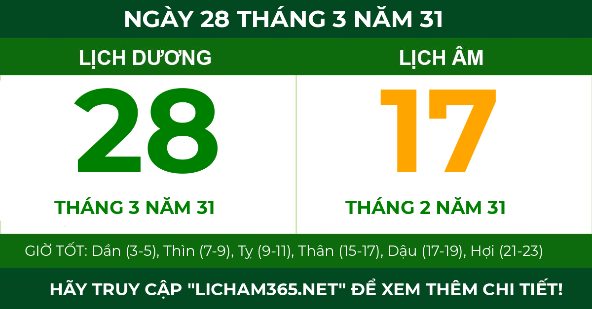 lịch âm ngày 28 tháng 3 năm 31