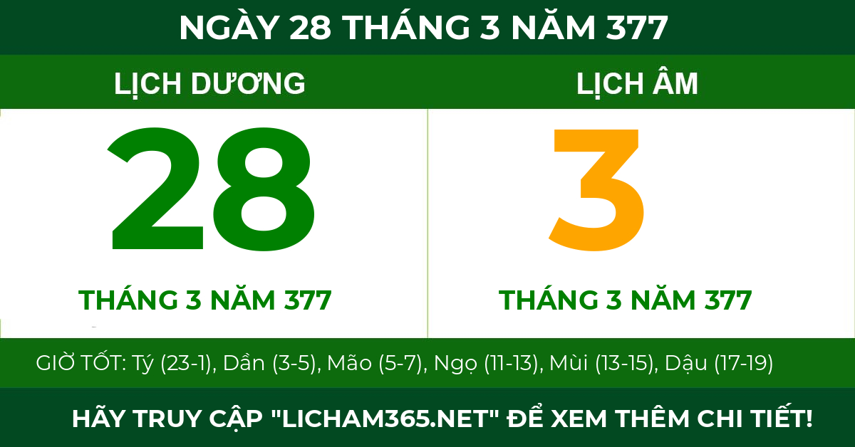 lịch âm ngày 28 tháng 3 năm 377