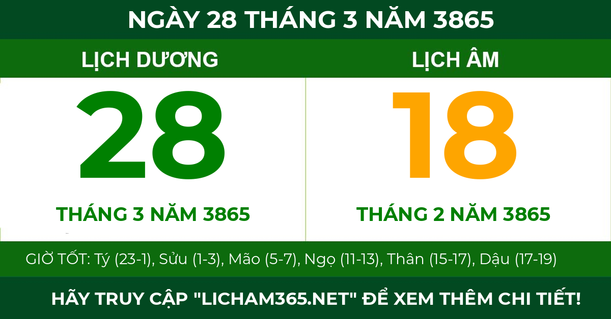 lịch âm ngày 28 tháng 3 năm 3865