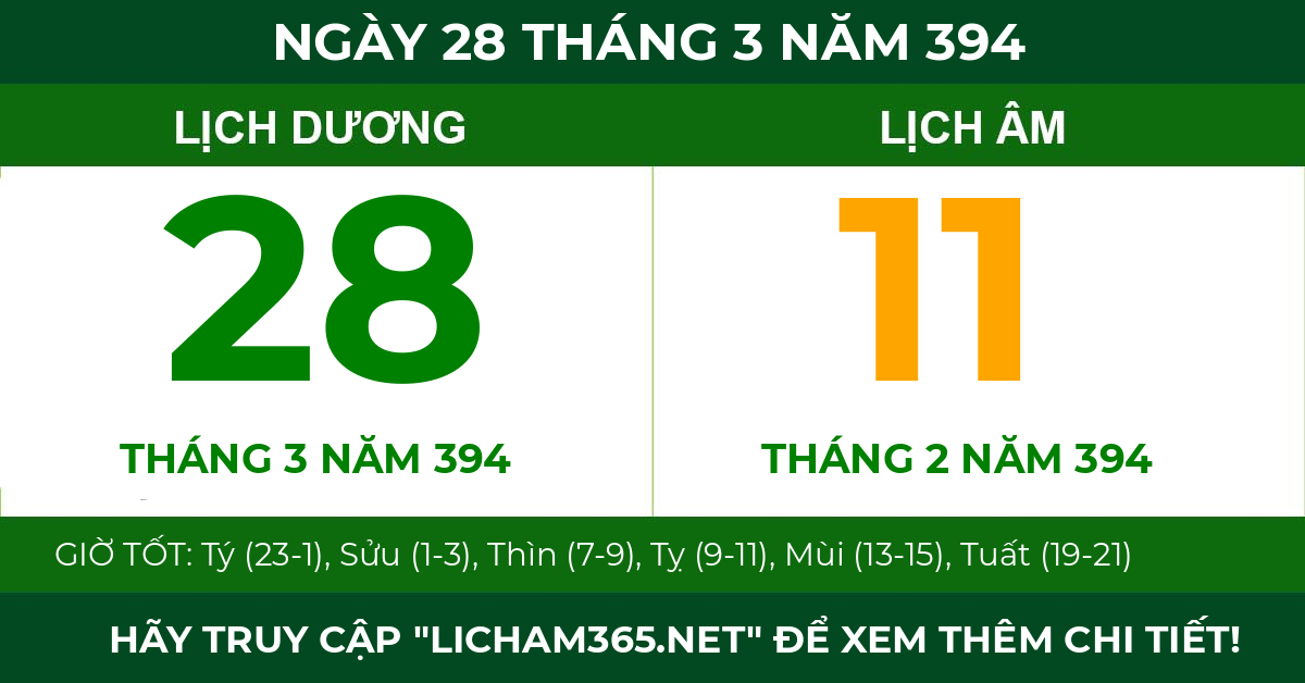 lịch âm ngày 28 tháng 3 năm 394