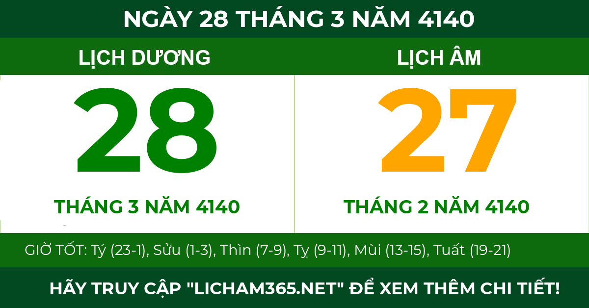 lịch âm ngày 28 tháng 3 năm 4140