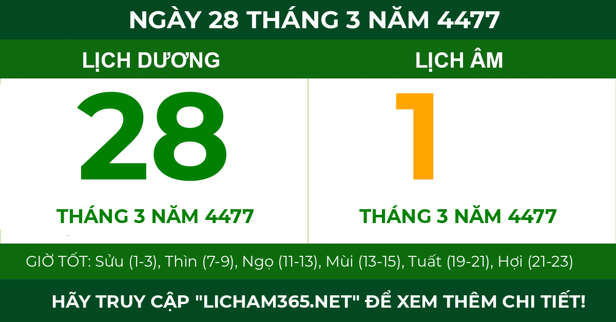 lịch âm ngày 28 tháng 3 năm 4477