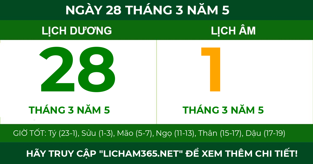 lịch âm ngày 28 tháng 3 năm 5