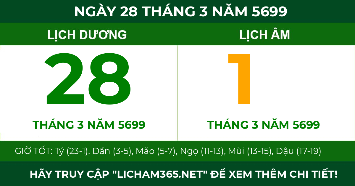 lịch âm ngày 28 tháng 3 năm 5699