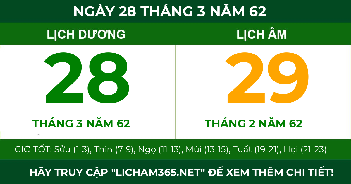 lịch âm ngày 28 tháng 3 năm 62