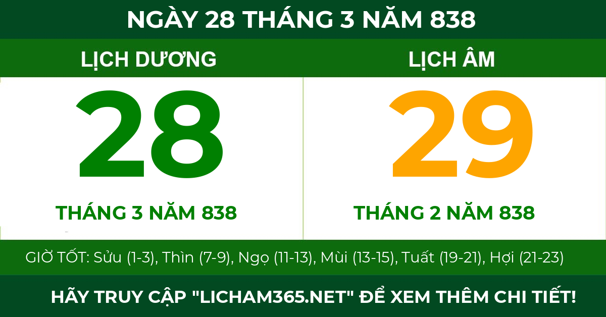 lịch âm ngày 28 tháng 3 năm 838