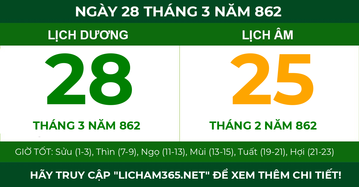 lịch âm ngày 28 tháng 3 năm 862