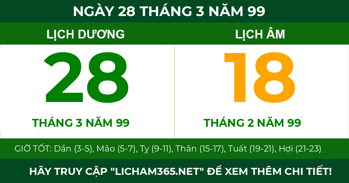 lịch âm ngày 28 tháng 3 năm 99