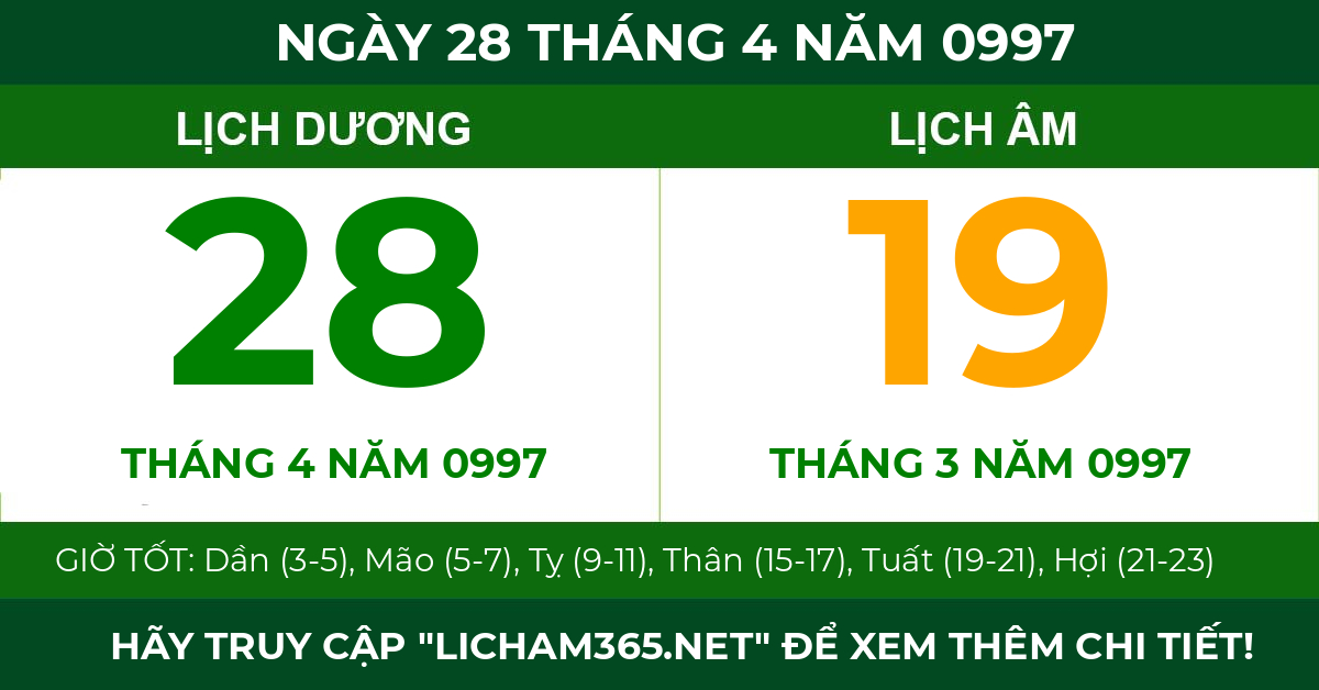lịch âm ngày 28 tháng 4 năm 0997