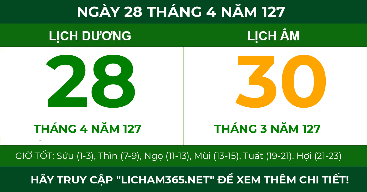 lịch âm ngày 28 tháng 4 năm 127