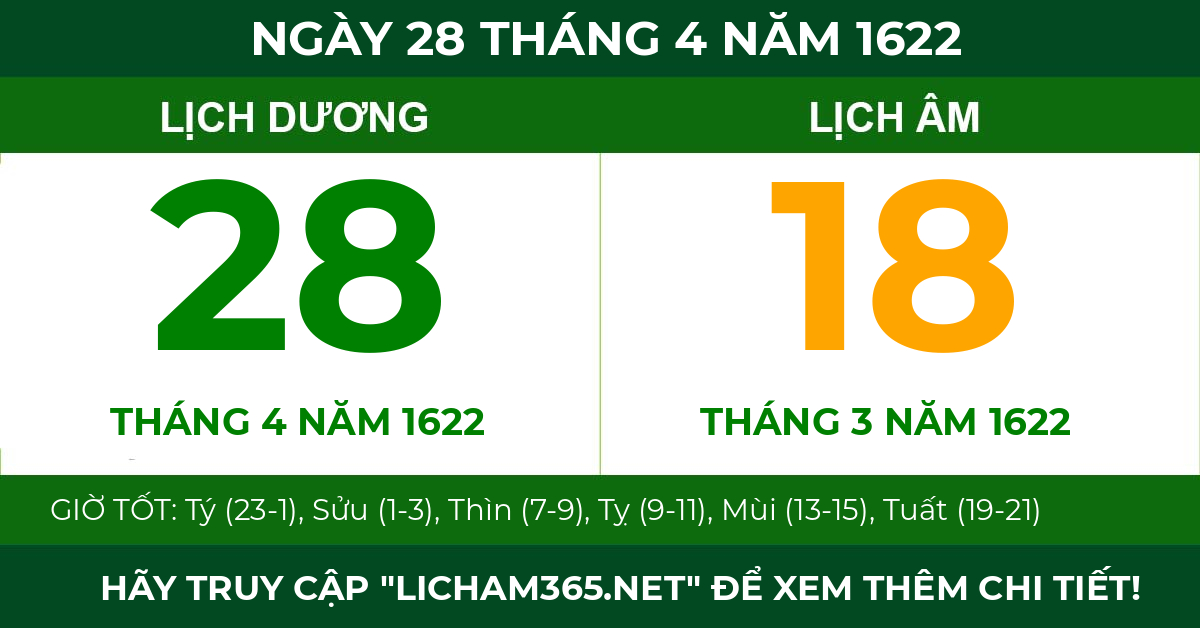 lịch âm ngày 28 tháng 4 năm 1622