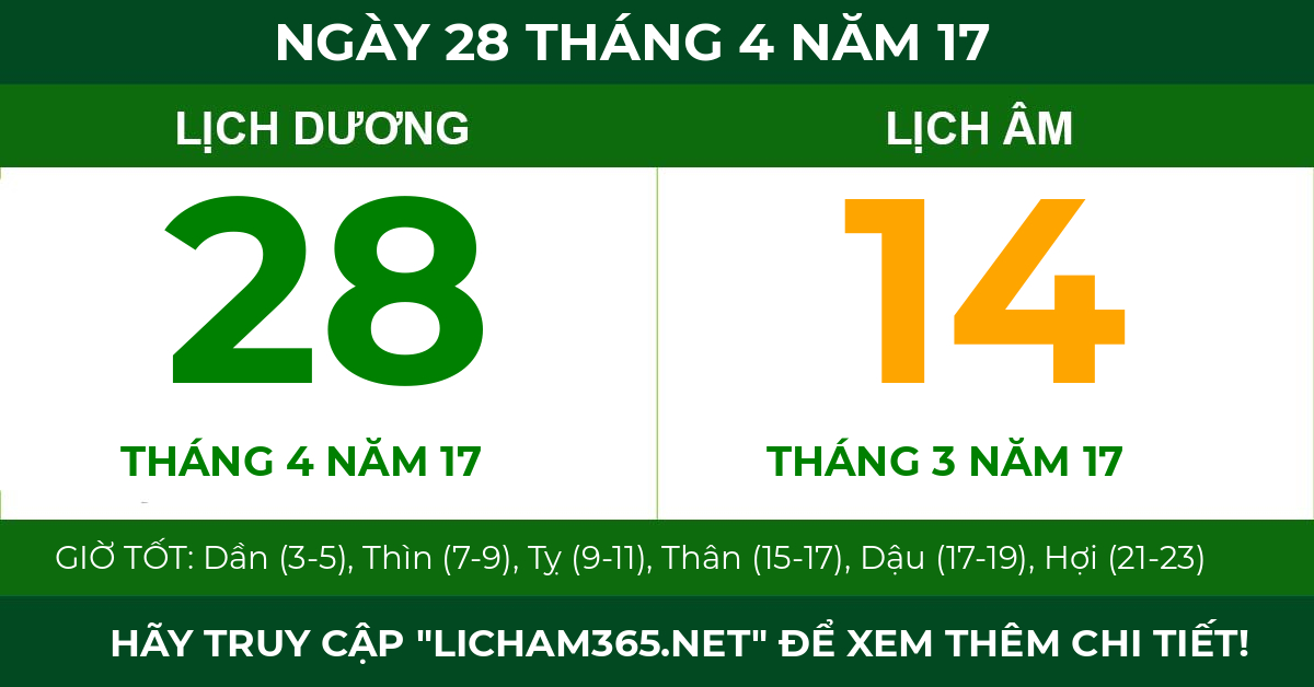 lịch âm ngày 28 tháng 4 năm 17