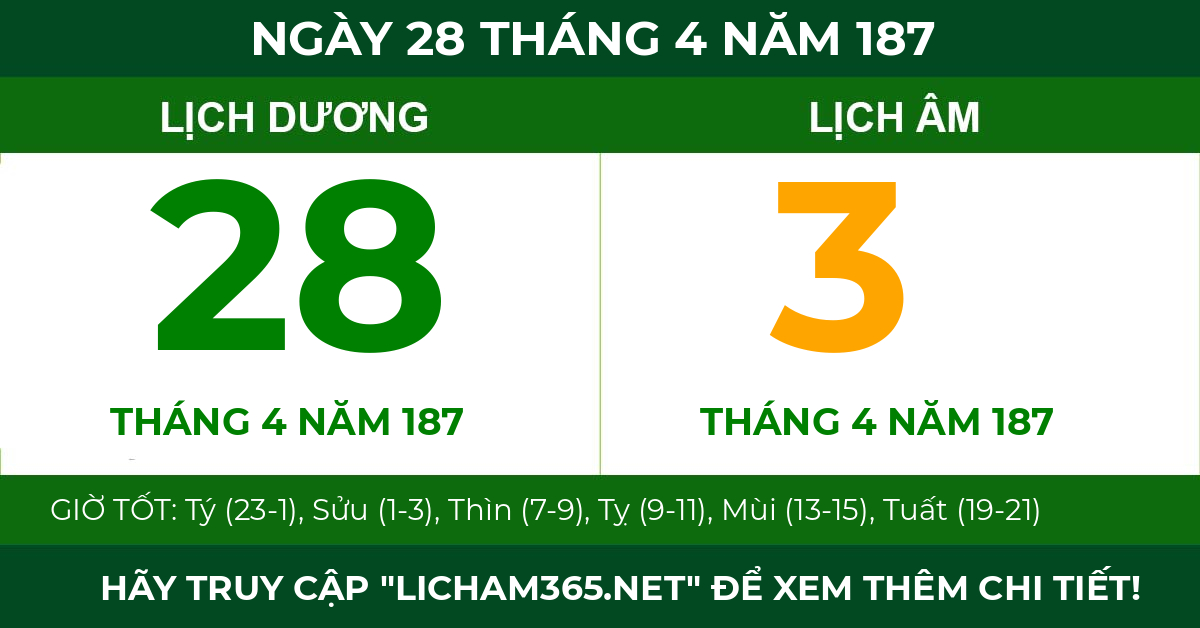 lịch âm ngày 28 tháng 4 năm 187