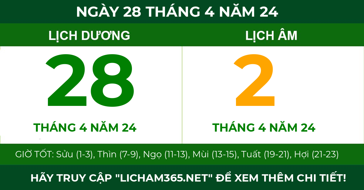lịch âm ngày 28 tháng 4 năm 24