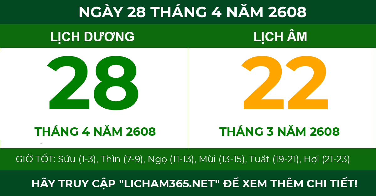 lịch âm ngày 28 tháng 4 năm 2608