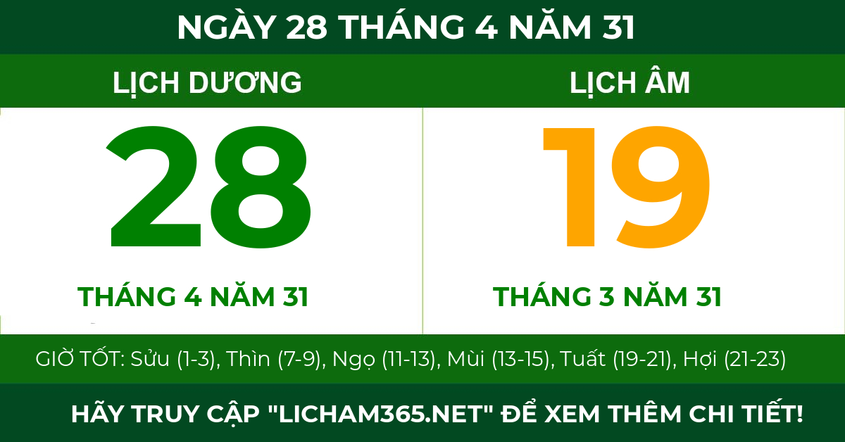 lịch âm ngày 28 tháng 4 năm 31