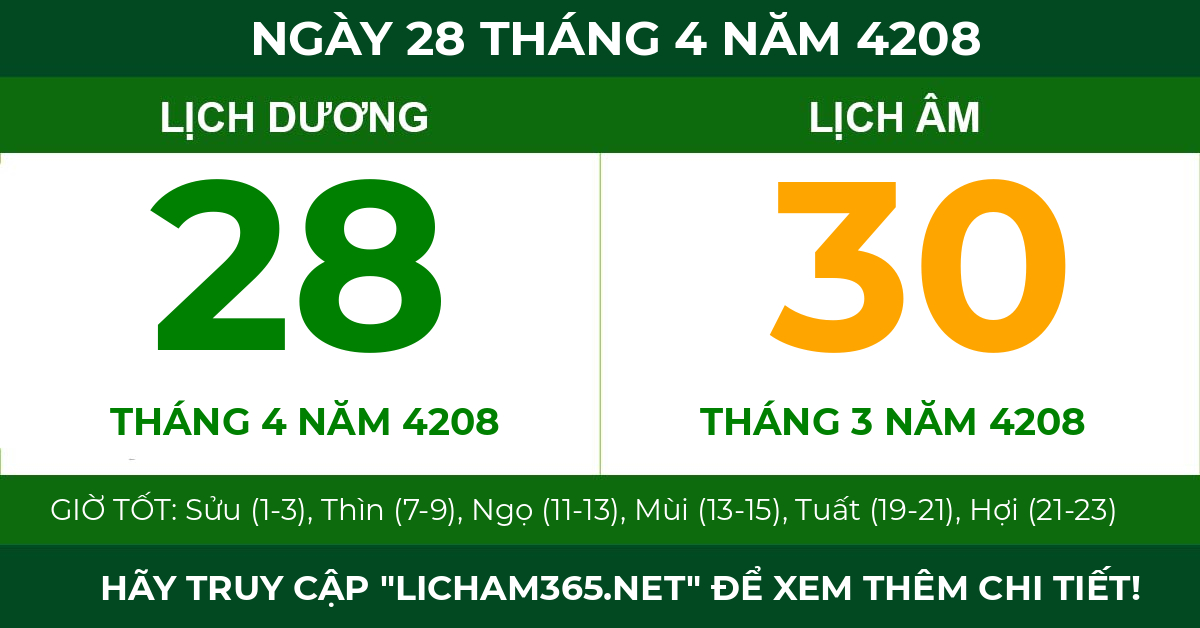 lịch âm ngày 28 tháng 4 năm 4208