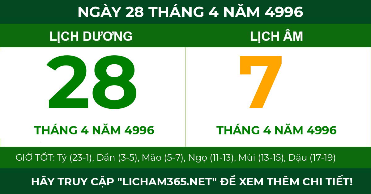 lịch âm ngày 28 tháng 4 năm 4996