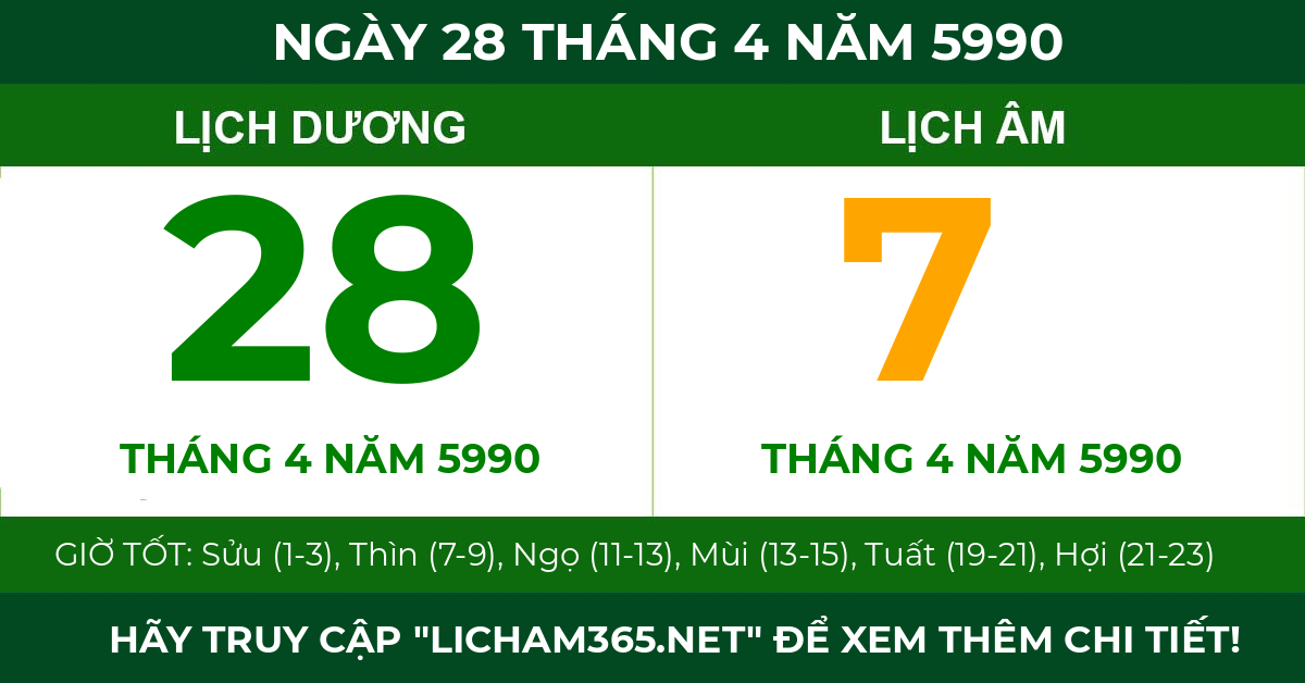 lịch âm ngày 28 tháng 4 năm 5990
