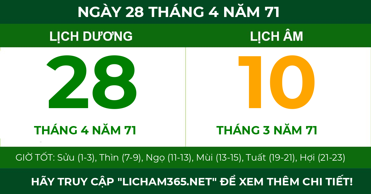 lịch âm ngày 28 tháng 4 năm 71