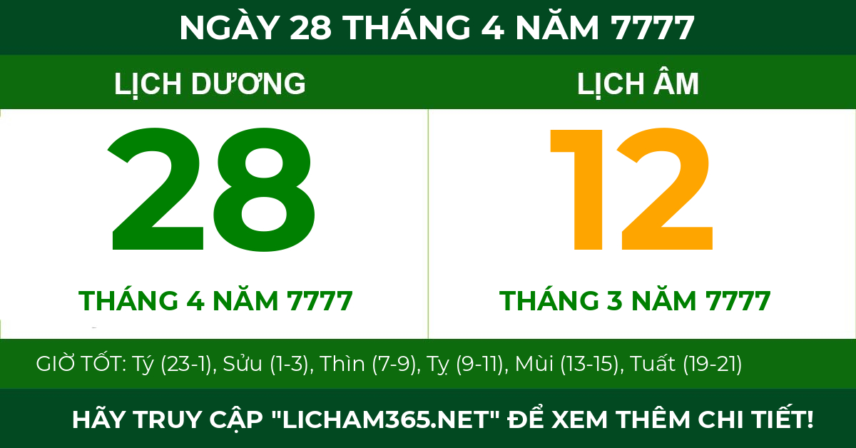 lịch âm ngày 28 tháng 4 năm 7777