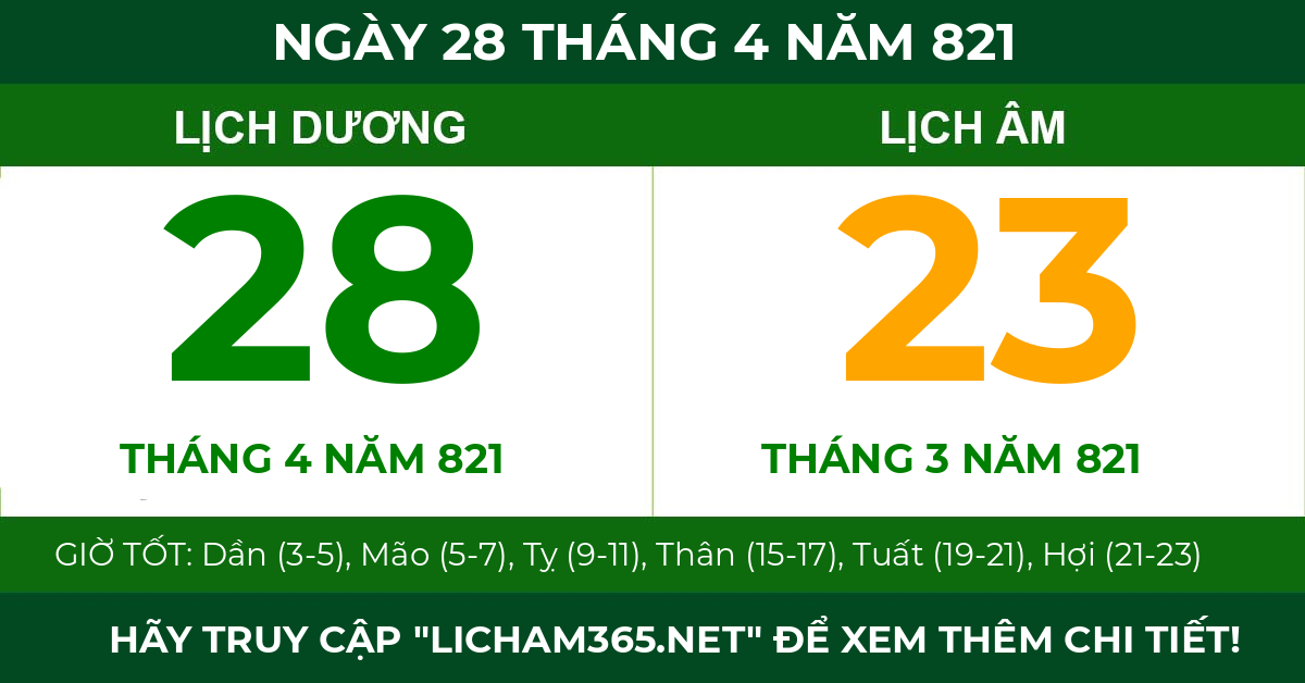 lịch âm ngày 28 tháng 4 năm 821