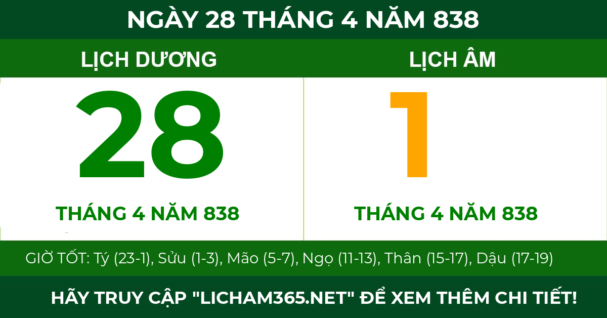 lịch âm ngày 28 tháng 4 năm 838