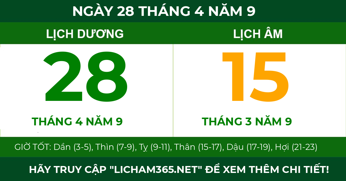 lịch âm ngày 28 tháng 4 năm 9