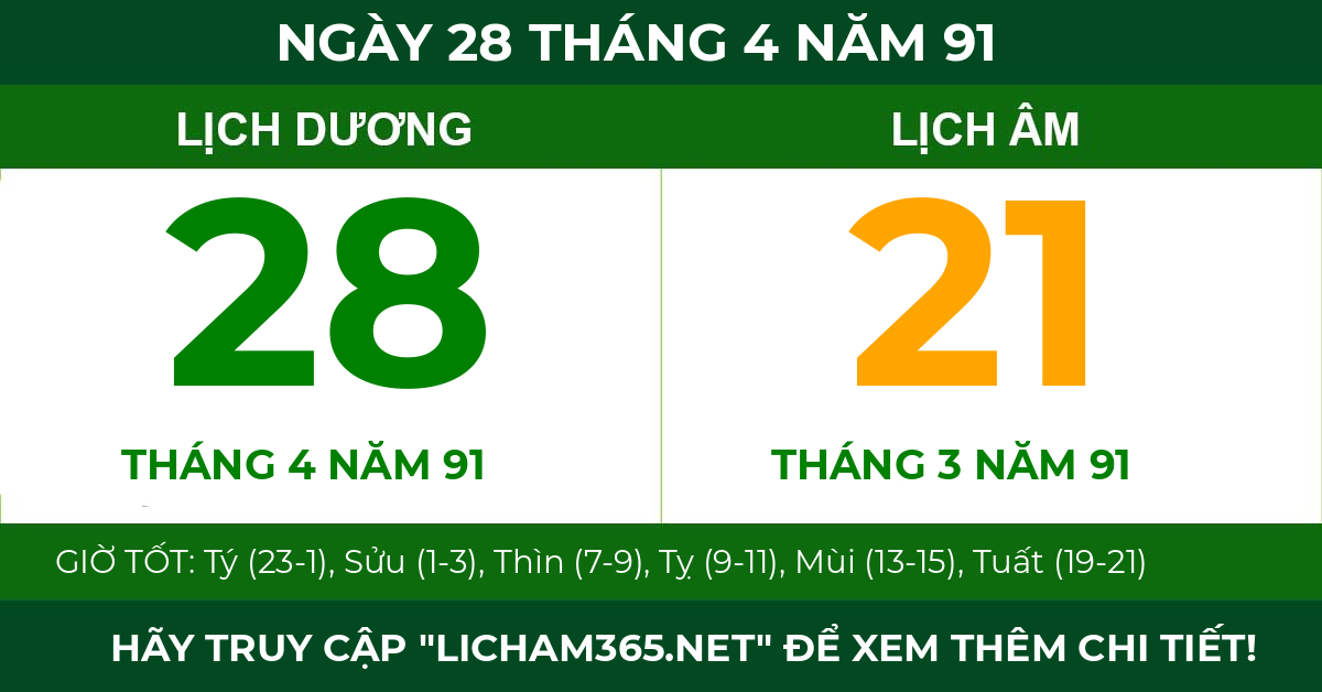 lịch âm ngày 28 tháng 4 năm 91