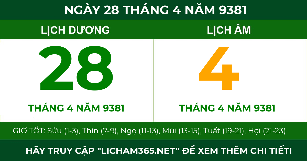 lịch âm ngày 28 tháng 4 năm 9381