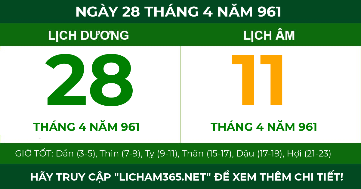 lịch âm ngày 28 tháng 4 năm 961