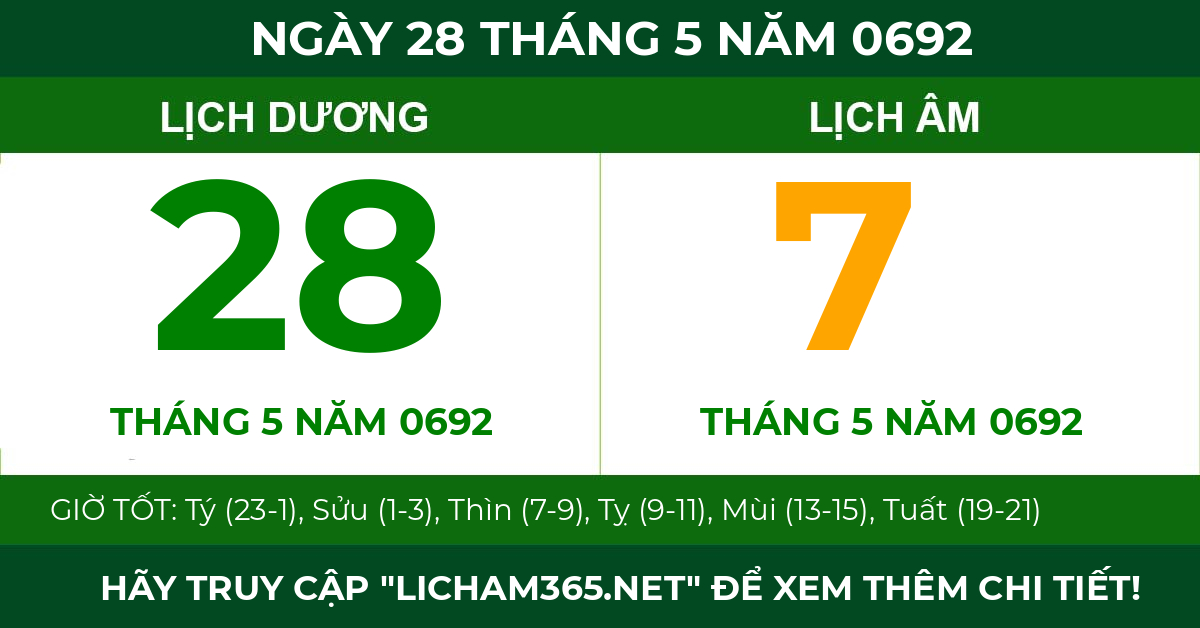 lịch âm ngày 28 tháng 5 năm 0692