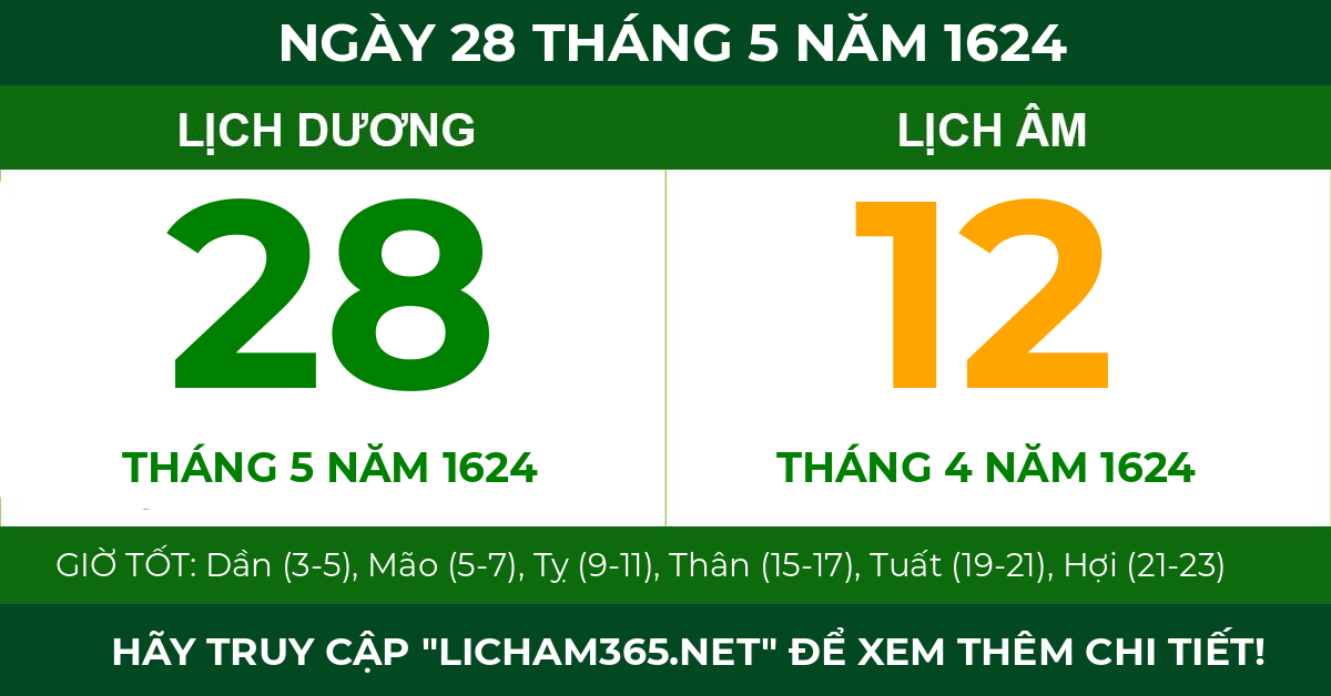 lịch âm ngày 28 tháng 5 năm 1624