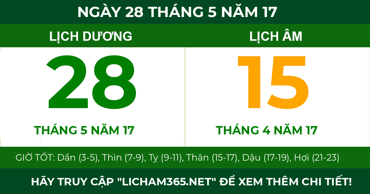 lịch âm ngày 28 tháng 5 năm 17