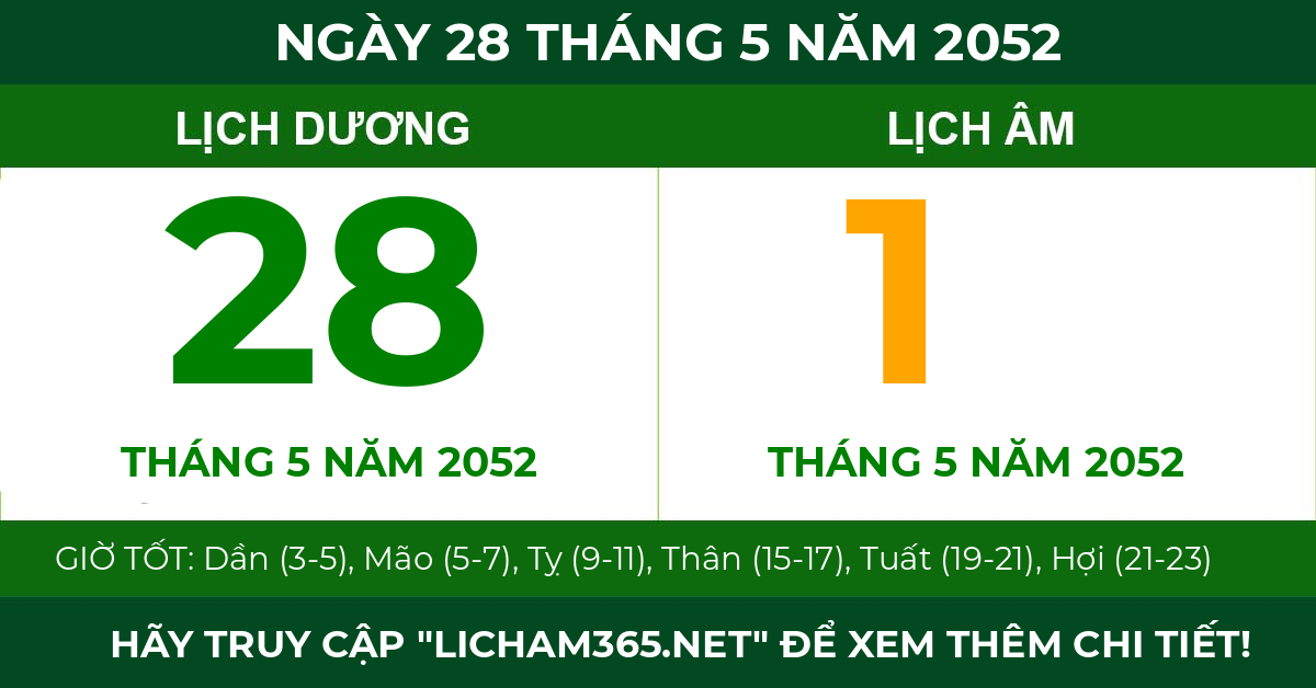 lịch âm ngày 28 tháng 5 năm 2052