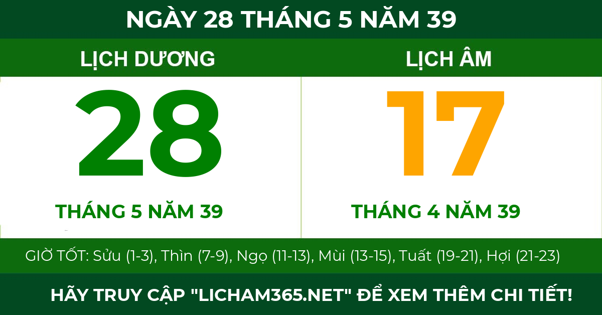 lịch âm ngày 28 tháng 5 năm 39