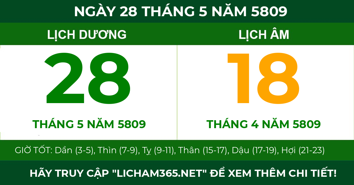lịch âm ngày 28 tháng 5 năm 5809