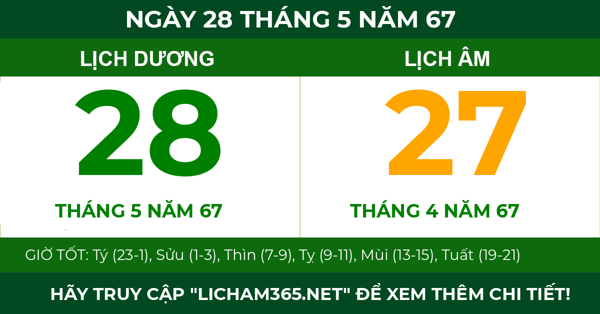 lịch âm ngày 28 tháng 5 năm 67