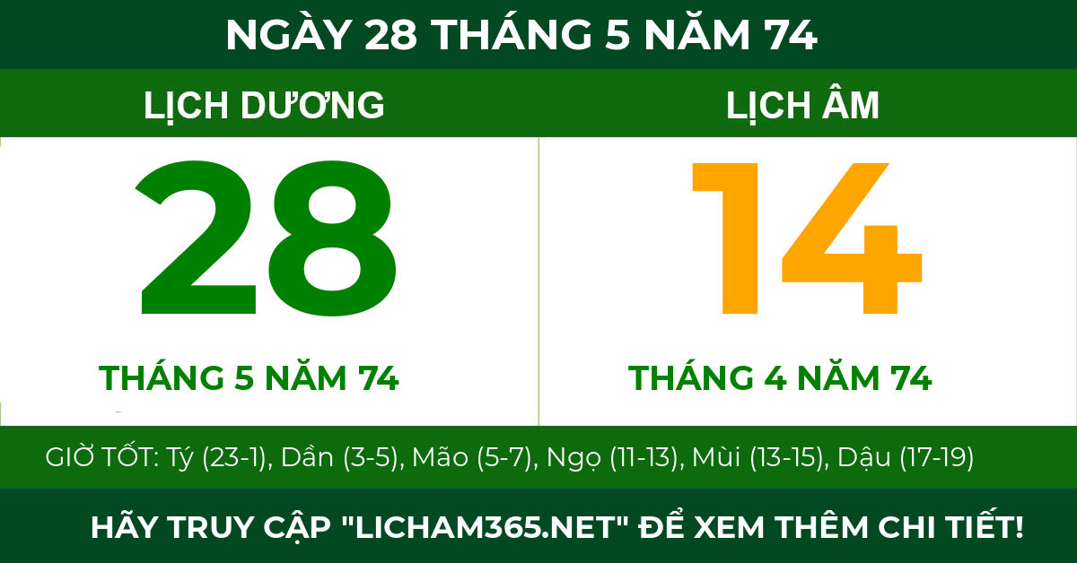 lịch âm ngày 28 tháng 5 năm 74