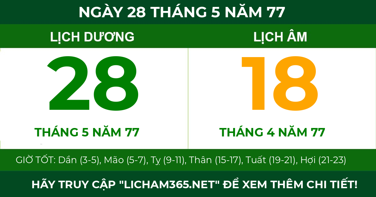 lịch âm ngày 28 tháng 5 năm 77