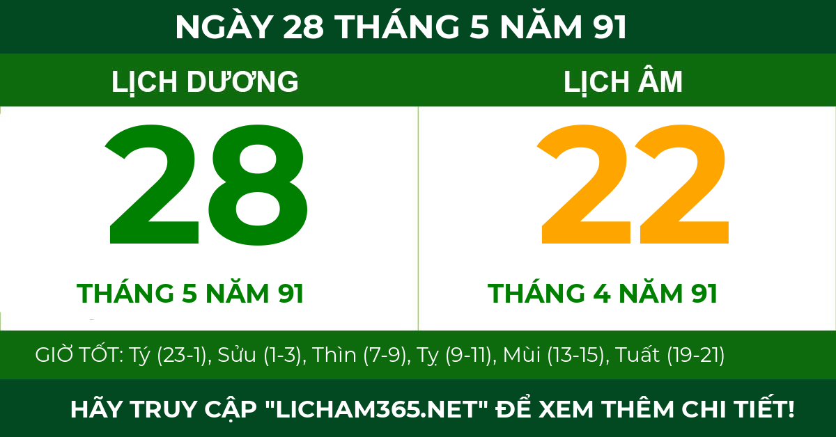 lịch âm ngày 28 tháng 5 năm 91