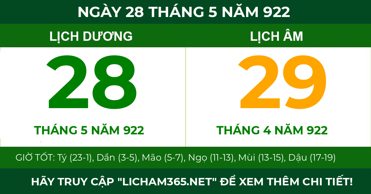 lịch âm ngày 28 tháng 5 năm 922