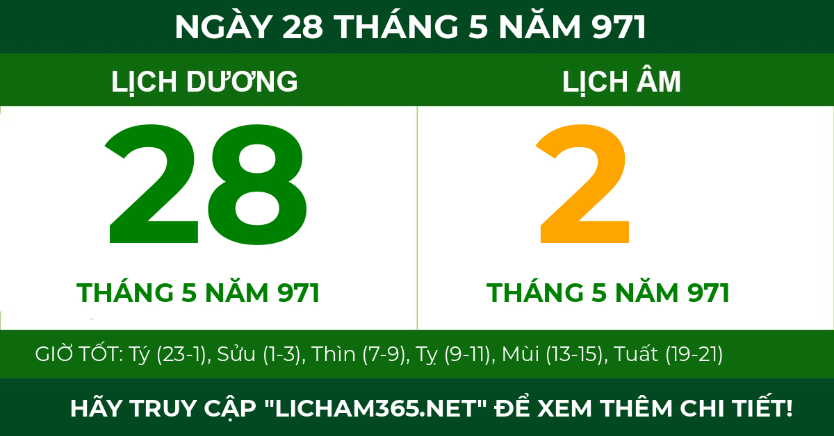 lịch âm ngày 28 tháng 5 năm 971